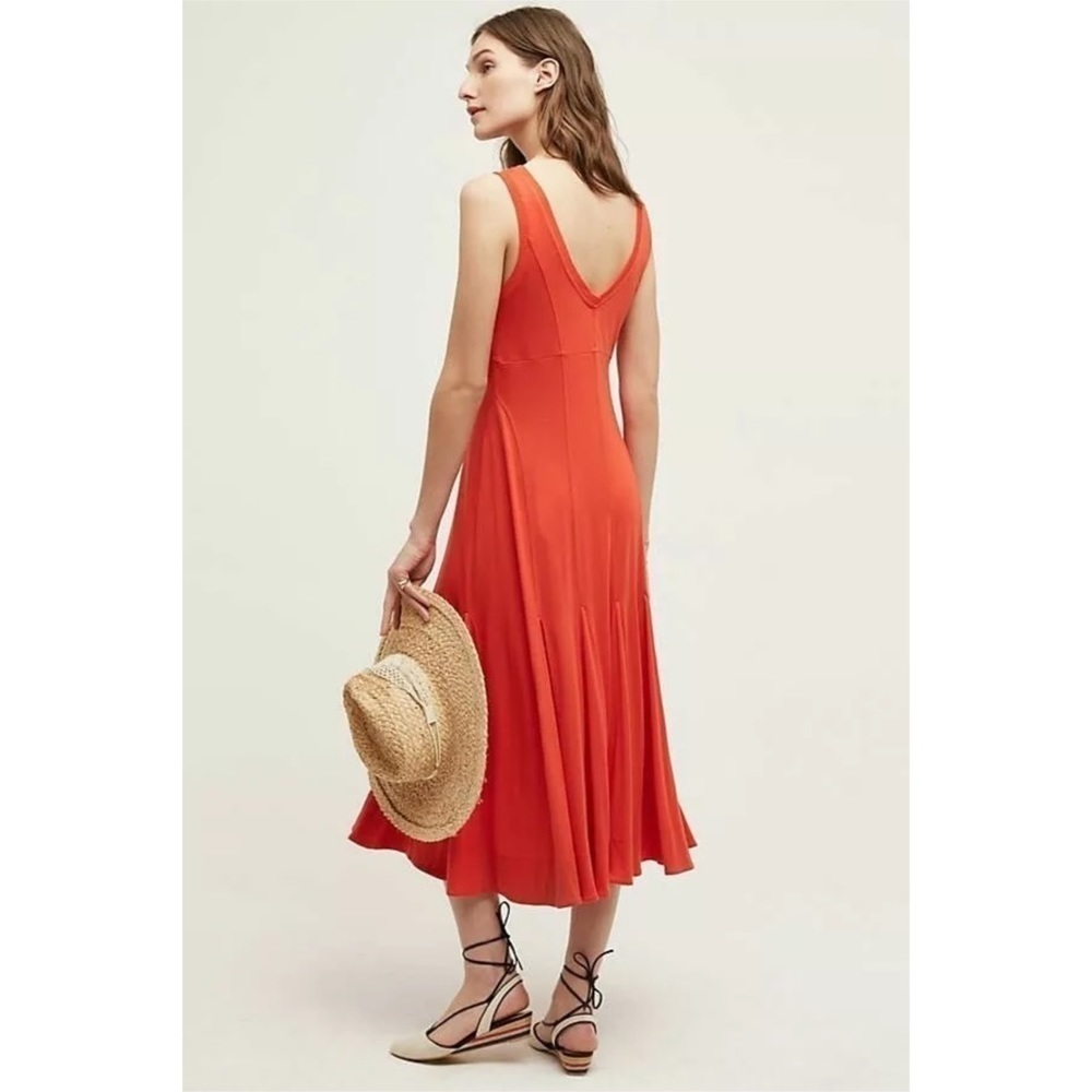 Anthropologie Maeve Abroad Orange V Neck Midi Dress with Trumpet Flared Hem - Picture 2 of 8